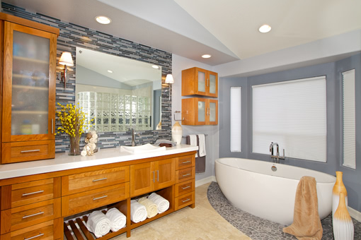 Cherry Bathroom Cabinets Towel Cubbies with Slat Bottoms Frosted Glass Doors Vessel Sink Shaker Doors
