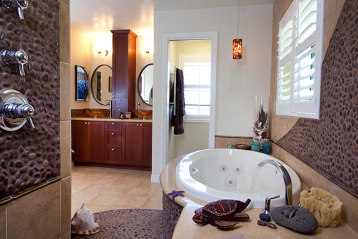 Bathroom Cabinets with Cherry Stain Shaker Doors Tower Upper Vessel Sinks