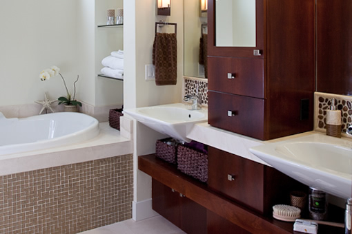 Contemporary Bathroom Cabinets Floating Shelves Floating Cabinets Upper Tower Built-in Vessel Sinks Cut into Wood Skirts