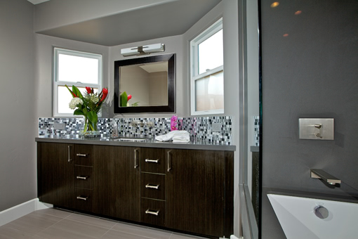 Bathroom Cabinets with Echo Wood Gun Metal Ebony Bookmatched Flat Doors Drawer Under Sink