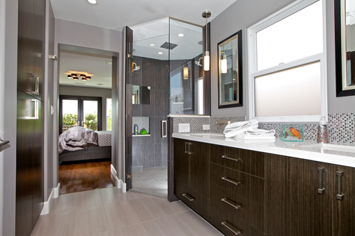 Bathroom Cabinets with Echo Wood Gun Metal Ebony Bookmatched Flat Doors Drawer Under Sink