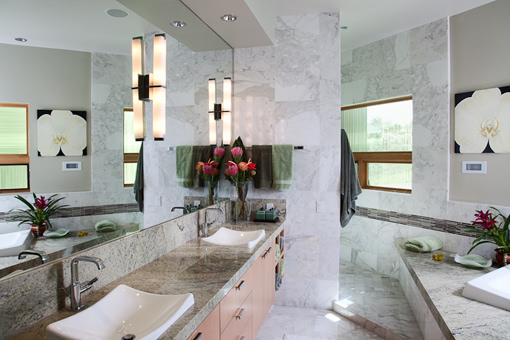 Bathroom Floating Cabinet with Vessel Sinks Bookmatched Flat Doors Towel Cubby