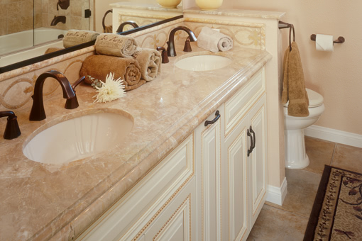 Full Overlay Bathroom Cabinets Painted with Glaze Rope Molding on Doors