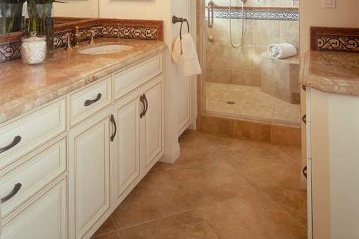 Full Overlay Bathroom Cabinets Painted with Glaze Rope Molding on Doors