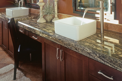 Alder Bathroom Cabinets with Shaker Doors Vessel Sinks Vanity Area
